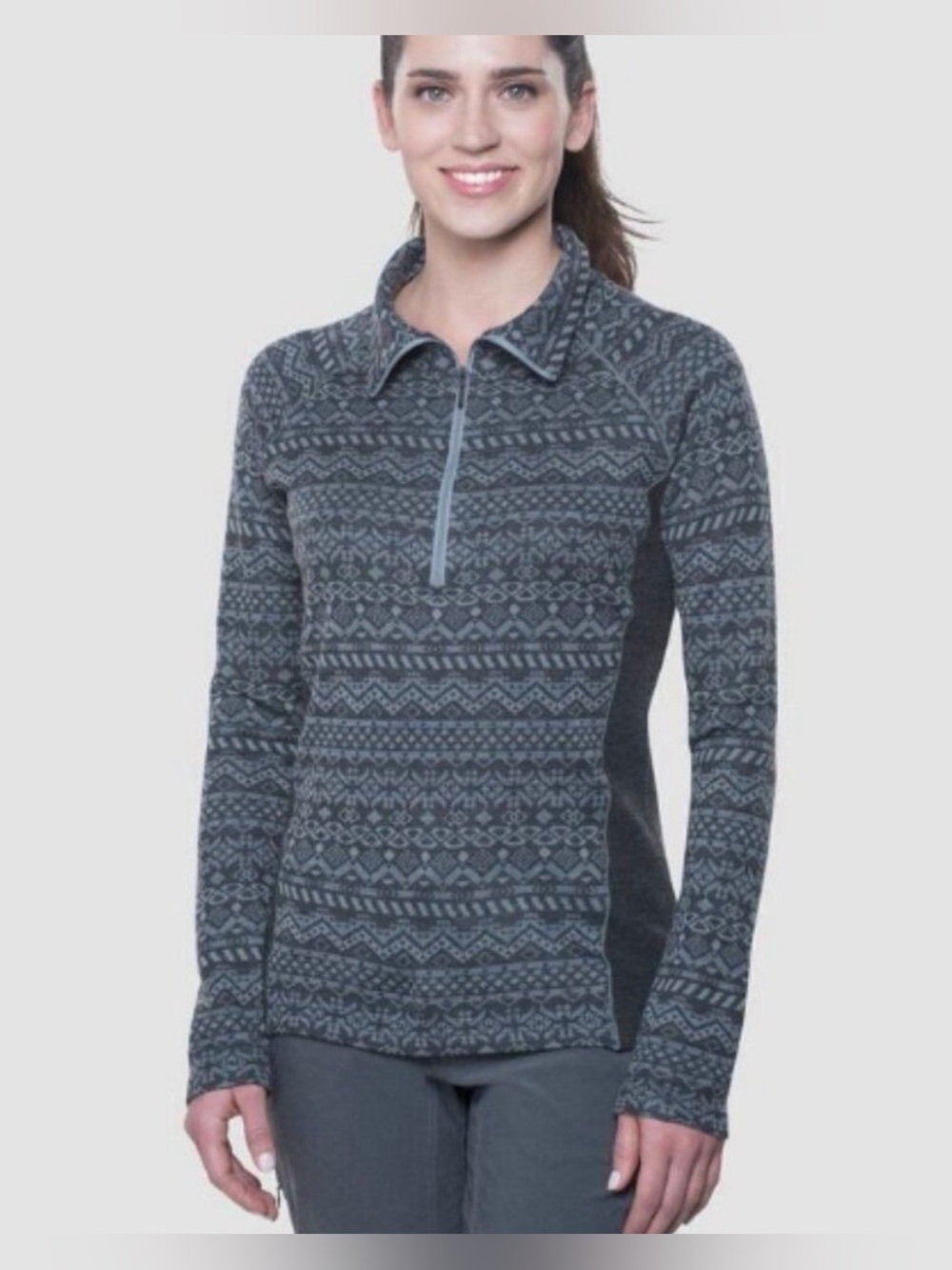 Kuhl Adriana 1/2 Zip Wool Blend Pullover Sweater in Grey Fair Isle size Large